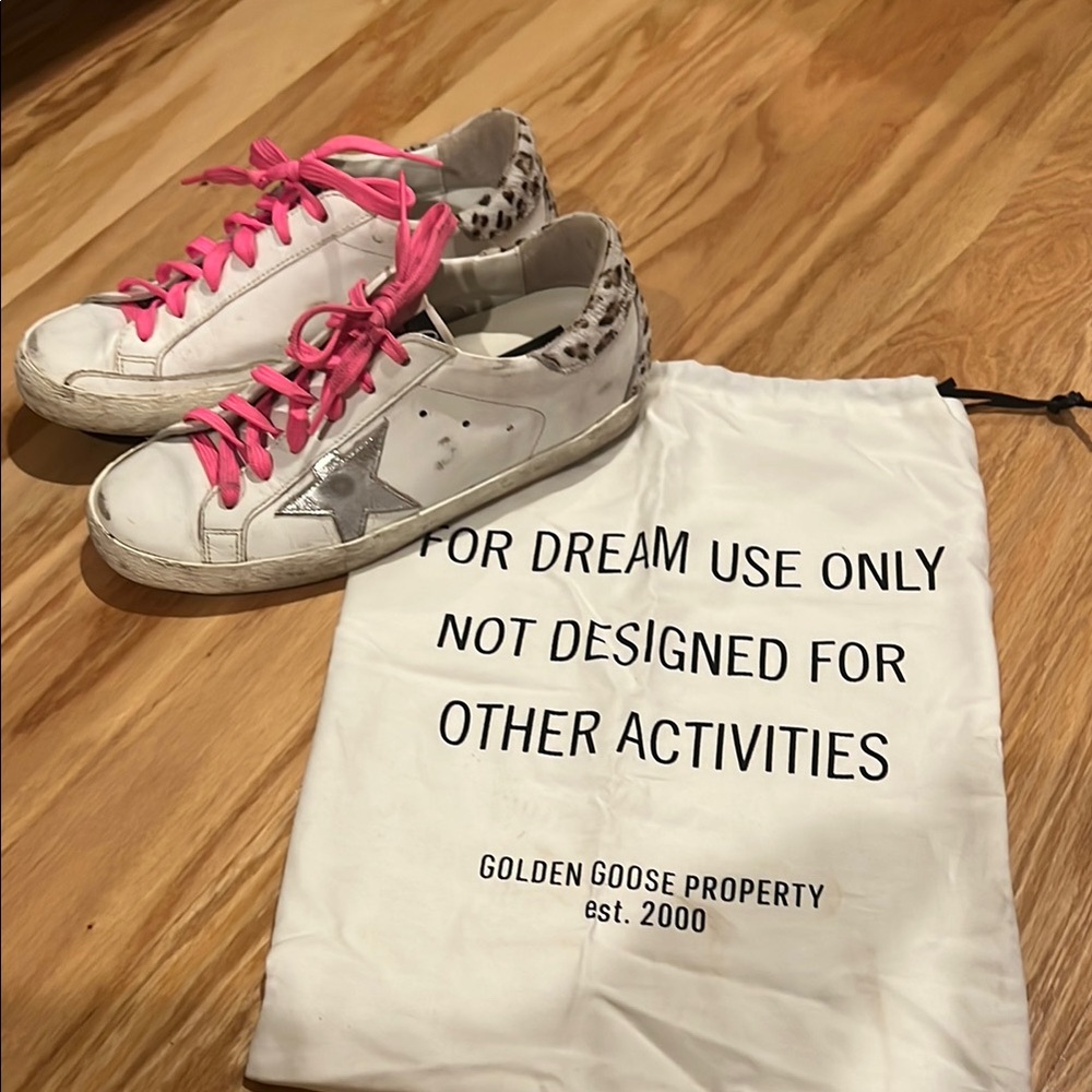 Superstar Golden Goose White Sneakers with Pink and Leopard Accents